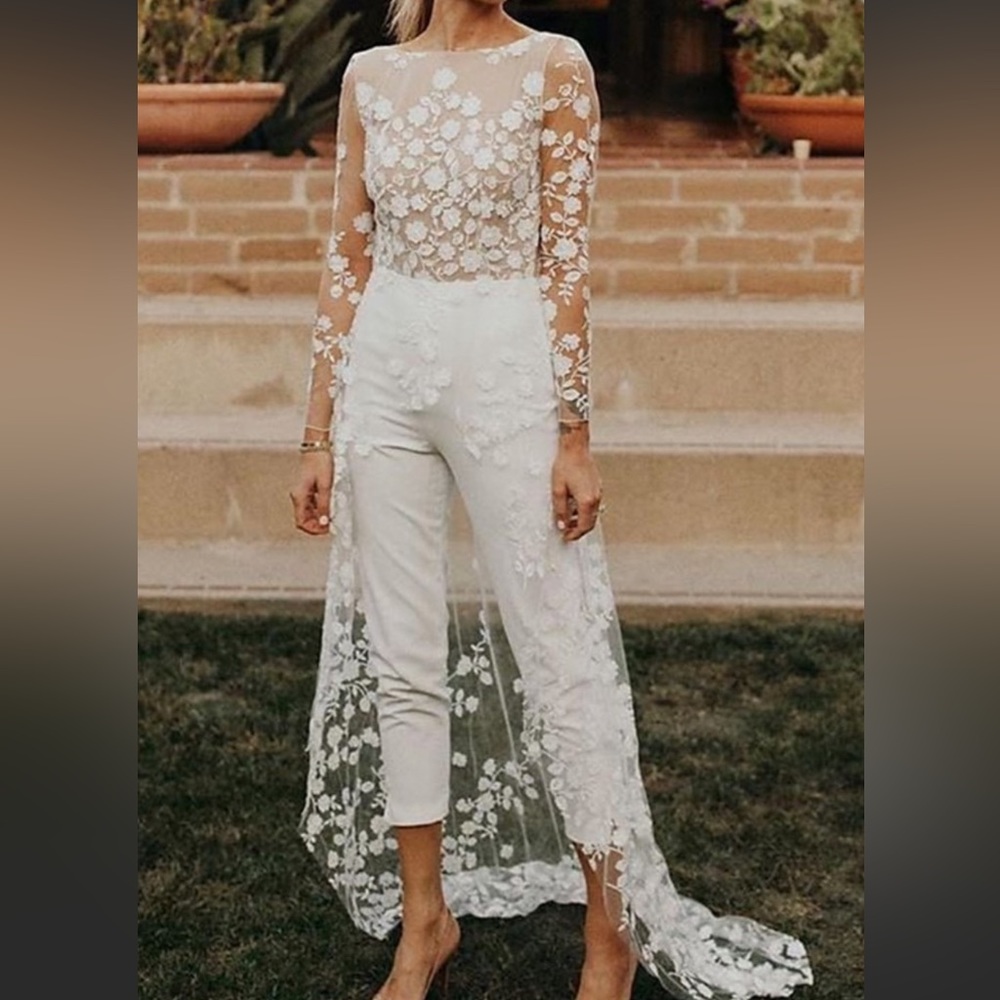 White floral long sleeve jumpsuit